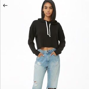 Black waffle-knit hooded crop top